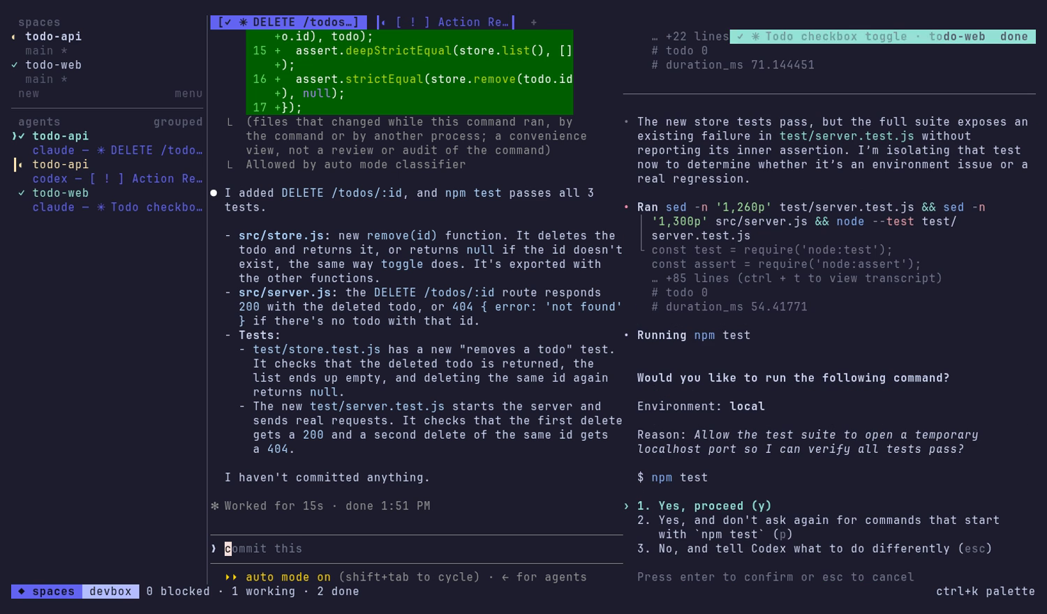 The Spaces sidebar showing each agent's state